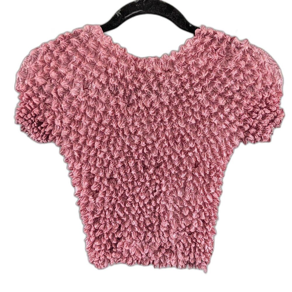 Vintage Y2K Pink Bubble Popcorn Short Sleeve Top Textured Stretchy Crinkle O/S